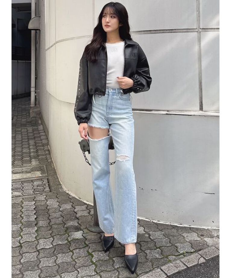 GYDA「Sleeve Studs フェイクレザージャケット」|ライダースジャケット|