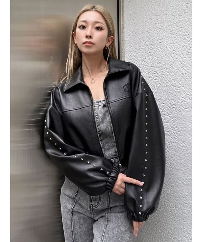 GYDA「Sleeve Studs フェイクレザージャケット」|ライダースジャケット|