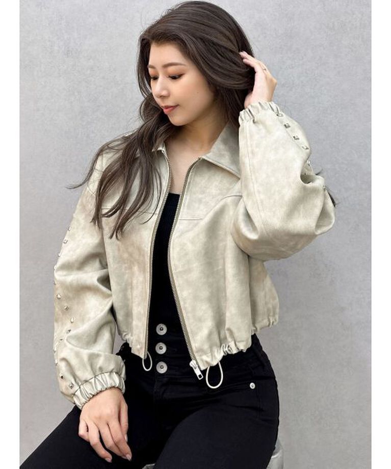 GYDA「Sleeve Studs フェイクレザージャケット」|ライダースジャケット|ベージュ