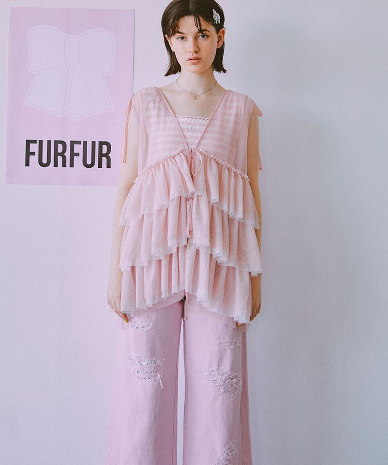 FURFUR「リボン刺繍ノースリーブボーダーニットトップス」|ニット・セーター|
