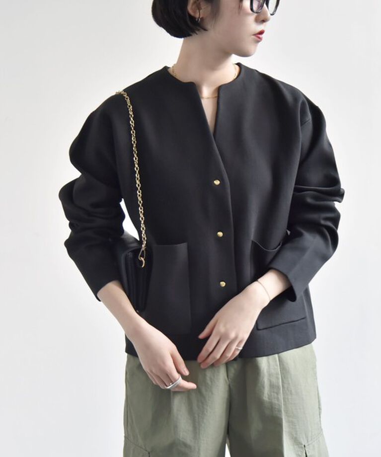 quaranciel「《一部追加予約》quaranciel:〈手洗い可能〉ノーカラー ポケット ニット ジャケット」|ノーカラージャケット|