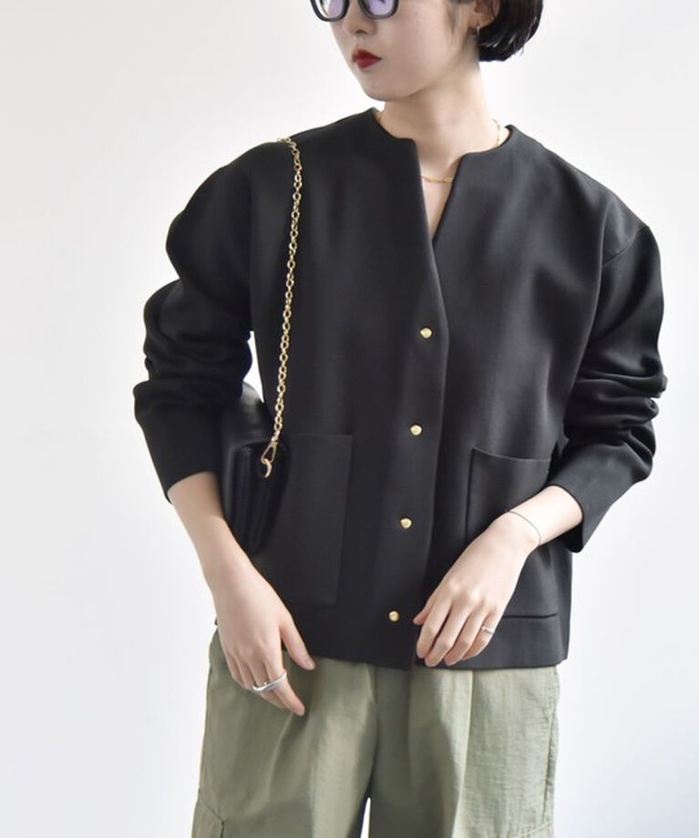 quaranciel「《一部追加予約》quaranciel:〈手洗い可能〉ノーカラー ポケット ニット ジャケット」|ノーカラージャケット|
