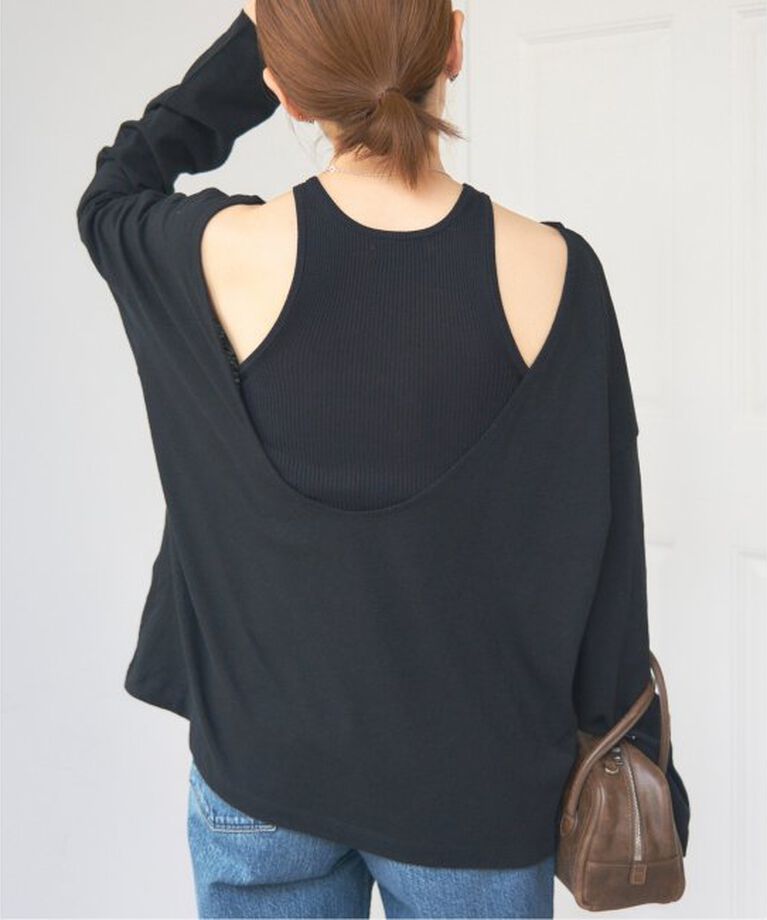 IENA「《予約》ONIT/オニット ROUGH COTTON BACK OPEN ボートネックロンT」|Tシャツ・カットソー|ブラック