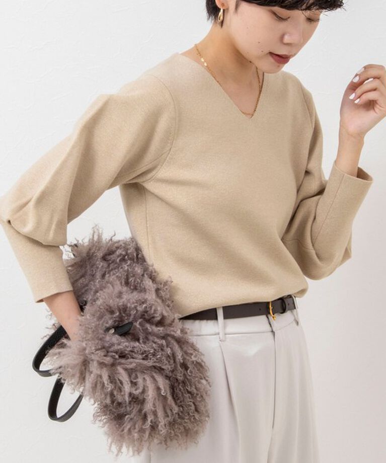 NOLLEY'S sophi「《手洗い可能》ラメ総針パワショルVネックプルオーバーニット」|ニット・セーター|ベージュ