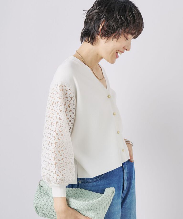NOLLEY'S「《手洗い可能》袖フラワー刺繍生地Vネックカーディガン」|カーディガン|オフホワイト