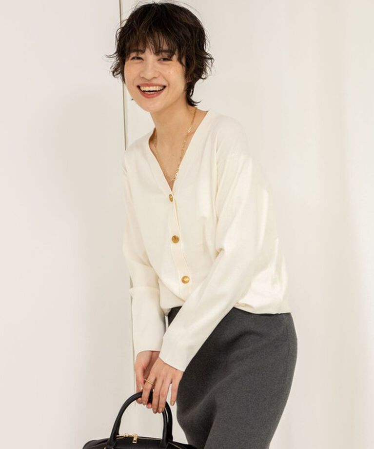 Rie Miller「《セットアップ対応》《手洗い可能》金ボタンVネックカーディガン」|カーディガン|