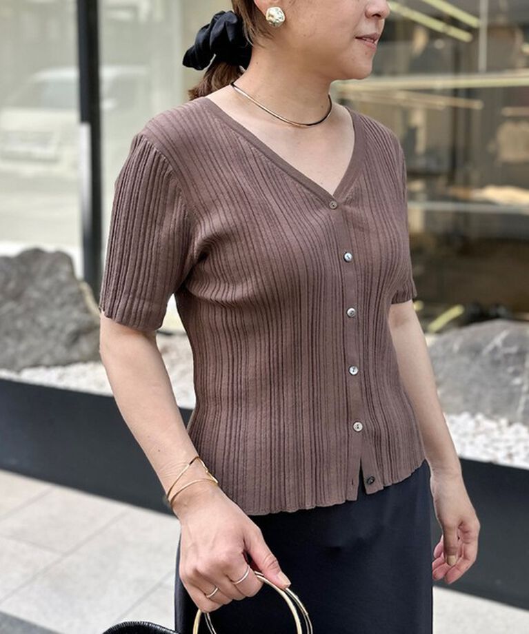 Rie Miller「《手洗い可能》ランダムテレコ2WAYカーディガン」|カーディガン|ブラウン