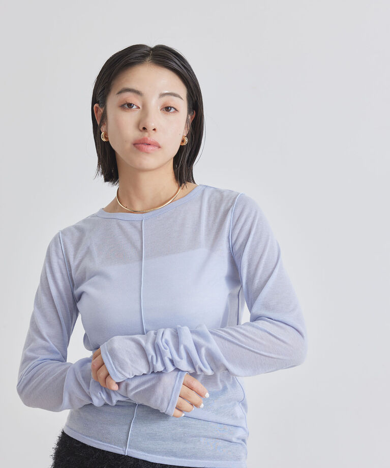 VIS「【洗える】シャーリングスリーブシアーロングTシャツ」|Tシャツ・カットソー|