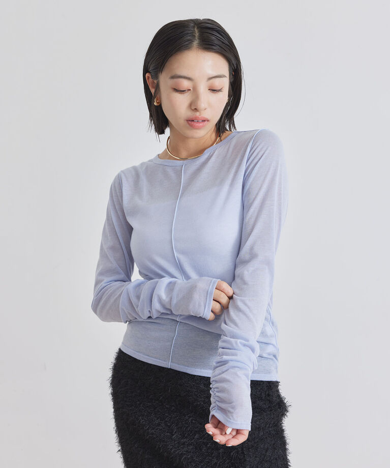 VIS「【洗える】シャーリングスリーブシアーロングTシャツ」|Tシャツ・カットソー|