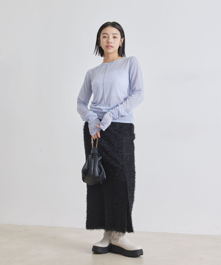 VIS「【洗える】シャーリングスリーブシアーロングTシャツ」|Tシャツ・カットソー|