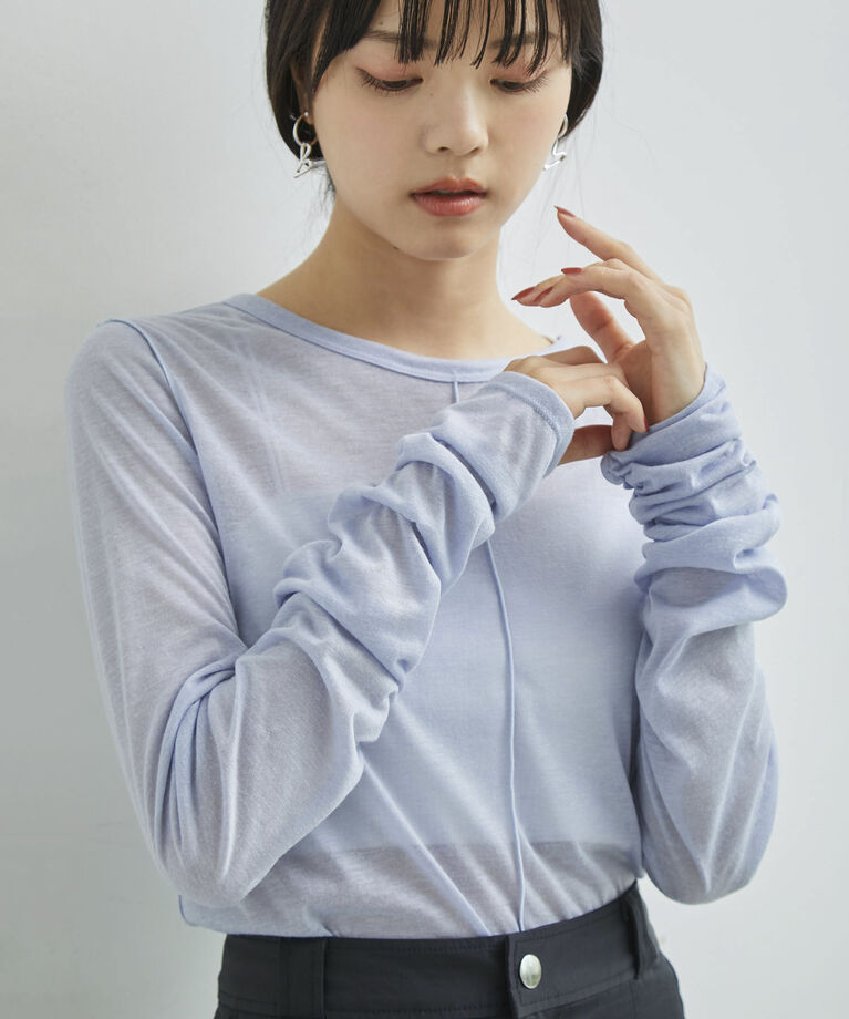 VIS「【洗える】シャーリングスリーブシアーロングTシャツ」|Tシャツ・カットソー|サックス(48)