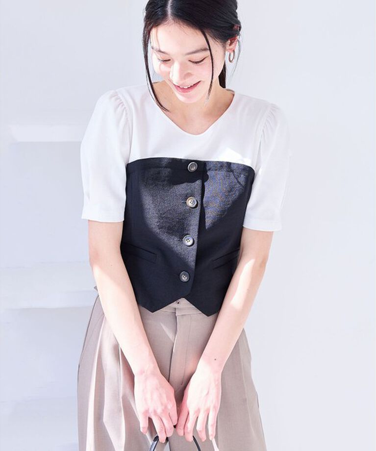 VIS「【新色追加】【美easy】釦ビスチェTシャツドッキングプルオーバー【接触冷感/洗える】」|Tシャツ・カットソー|