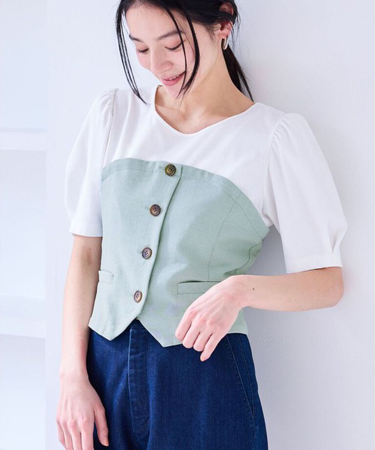 VIS「【新色追加】【美easy】釦ビスチェTシャツドッキングプルオーバー【接触冷感/洗える】」|Tシャツ・カットソー|ライトグリン(33)