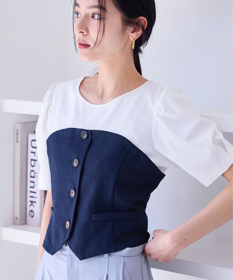 VIS「【新色追加】【美easy】釦ビスチェTシャツドッキングプルオーバー【接触冷感/洗える】」|Tシャツ・カットソー|ネイビー(40)