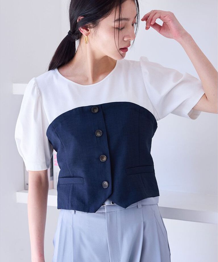 VIS「【新色追加】【美easy】釦ビスチェTシャツドッキングプルオーバー【接触冷感/洗える】」|Tシャツ・カットソー|