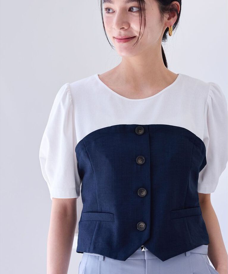 VIS「【新色追加】【美easy】釦ビスチェTシャツドッキングプルオーバー【接触冷感/洗える】」|Tシャツ・カットソー|