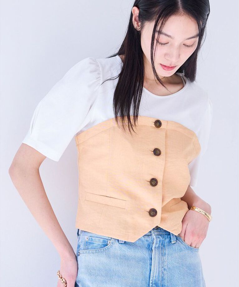 VIS「【新色追加】【美easy】釦ビスチェTシャツドッキングプルオーバー【接触冷感/洗える】」|Tシャツ・カットソー|オレンジ