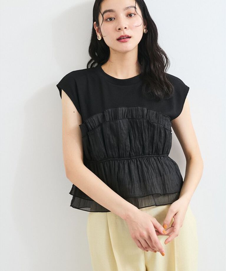VIS「旬なレイヤードスタイルが叶う！ビスチェドッキングフレンチスリーブプルオーバー【洗える】」|Tシャツ・カットソー|ブラック系(02)
