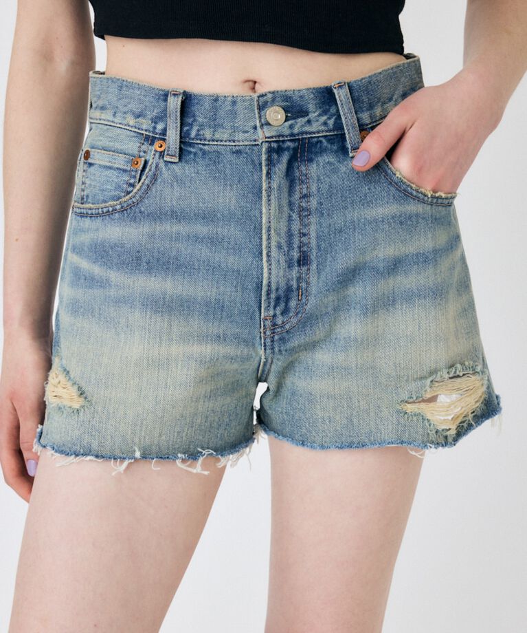 MOUSSY「CUT OFF DAMAGE ショートパンツ」|デニム|L/BLU1