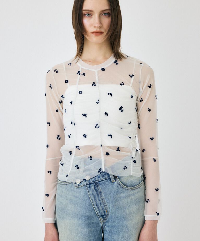 MOUSSY「FLORAL TULLE GATHER ロングスリーブTシャツ」|Tシャツ・カットソー|