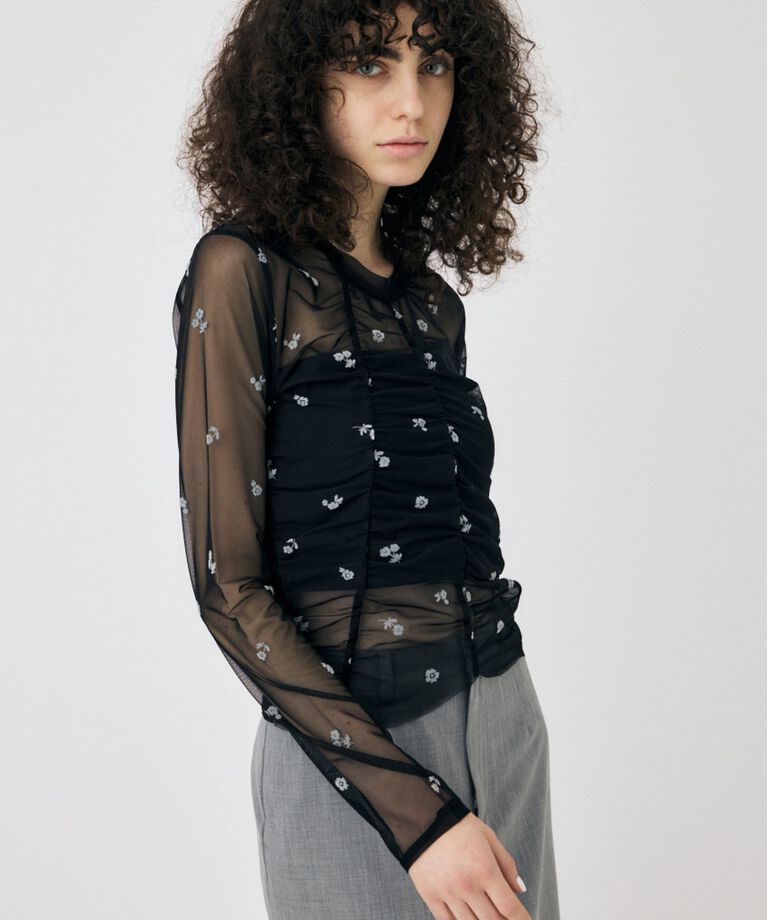 MOUSSY「FLORAL TULLE GATHER ロングスリーブTシャツ」|Tシャツ・カットソー|BLK