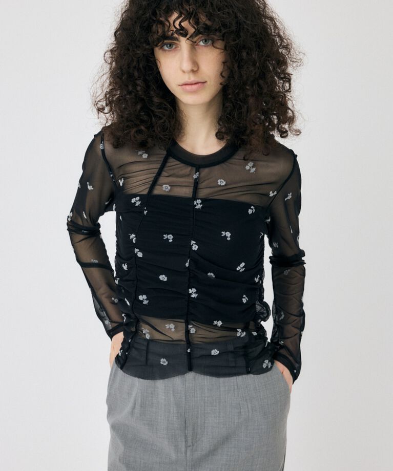 MOUSSY「FLORAL TULLE GATHER ロングスリーブTシャツ」|Tシャツ・カットソー|