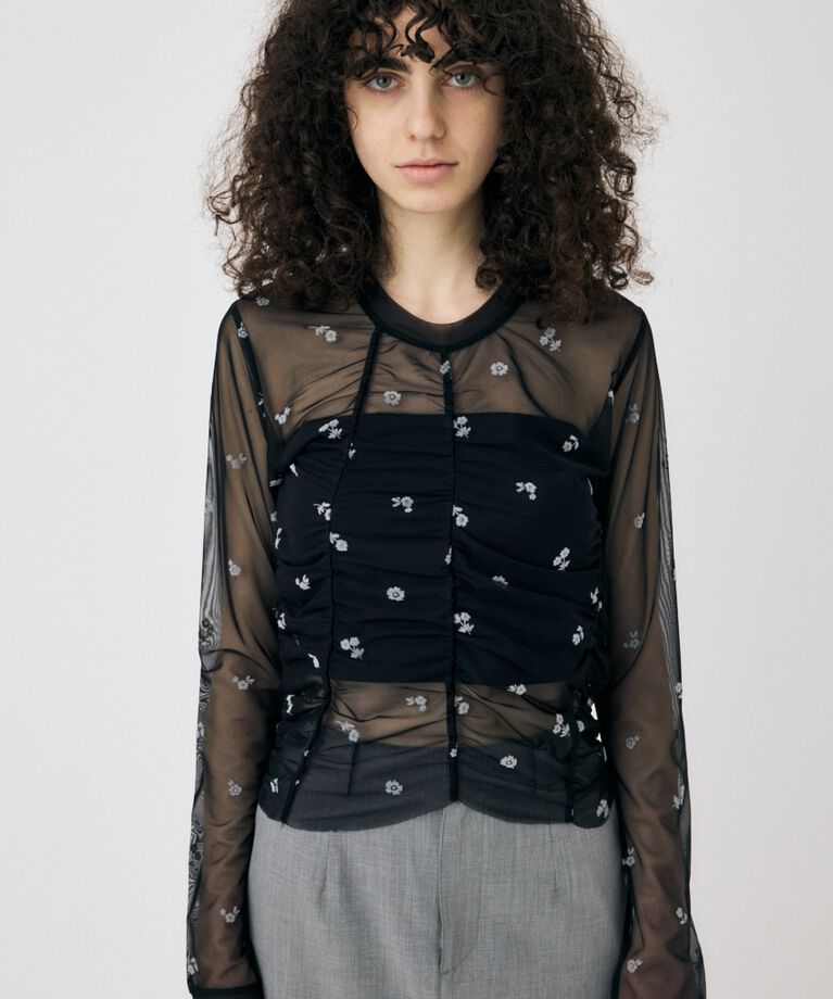 MOUSSY「FLORAL TULLE GATHER ロングスリーブTシャツ」|Tシャツ・カットソー|