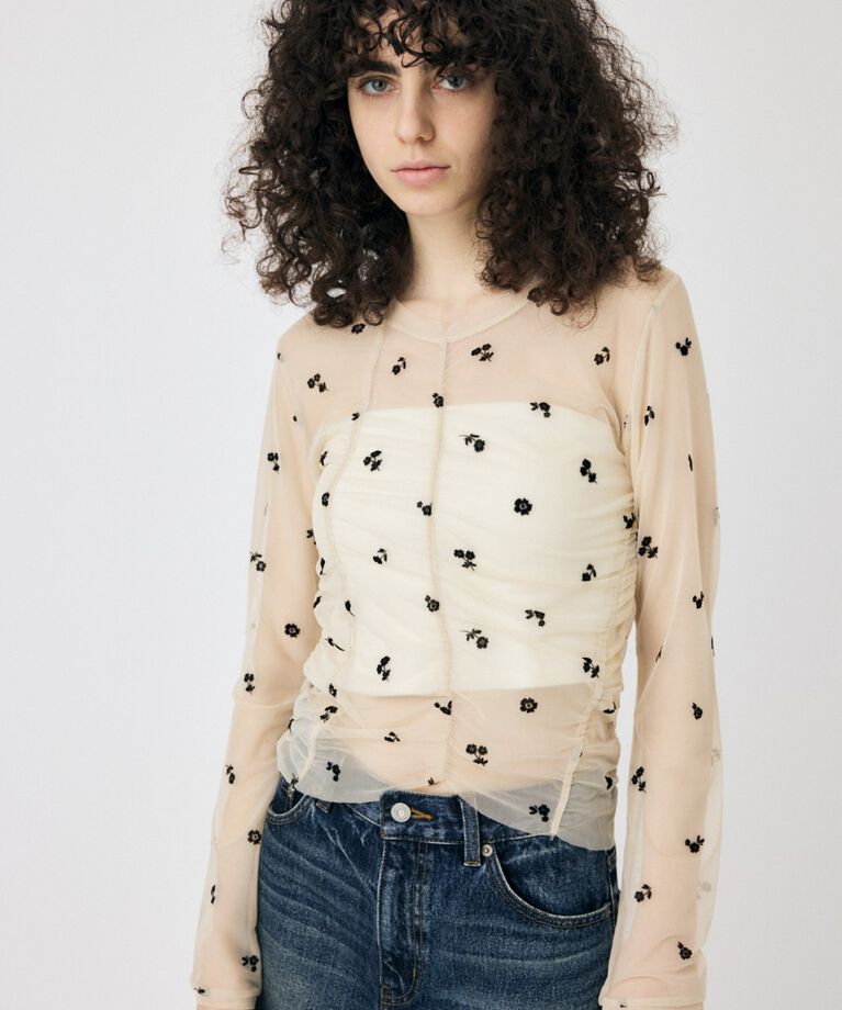 MOUSSY「FLORAL TULLE GATHER ロングスリーブTシャツ」|Tシャツ・カットソー|L/BEG1