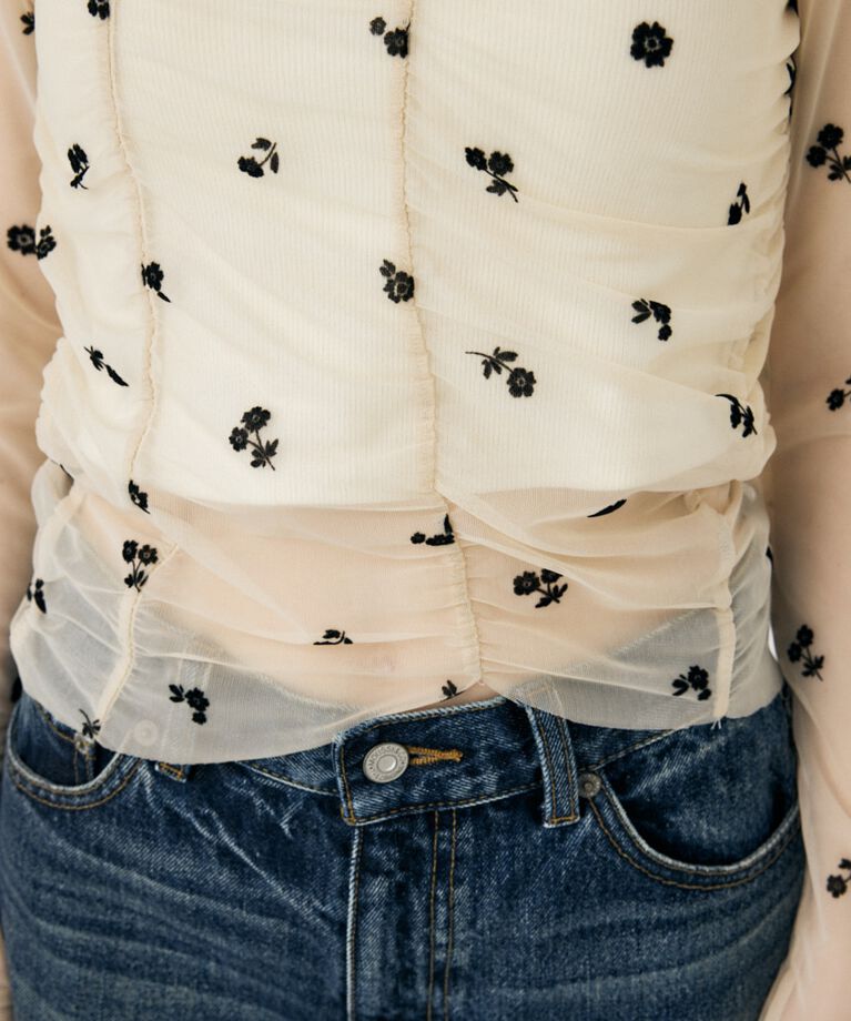 MOUSSY「FLORAL TULLE GATHER ロングスリーブTシャツ」|Tシャツ・カットソー|