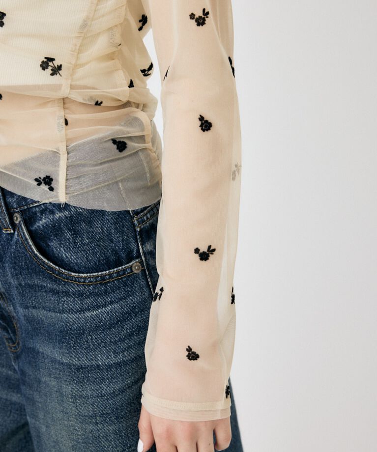 MOUSSY「FLORAL TULLE GATHER ロングスリーブTシャツ」|Tシャツ・カットソー|