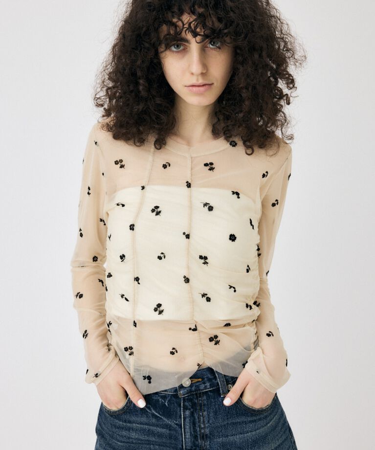 MOUSSY「FLORAL TULLE GATHER ロングスリーブTシャツ」|Tシャツ・カットソー|