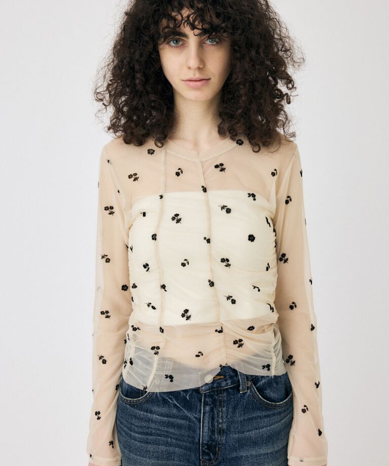 MOUSSY「FLORAL TULLE GATHER ロングスリーブTシャツ」|Tシャツ・カットソー|