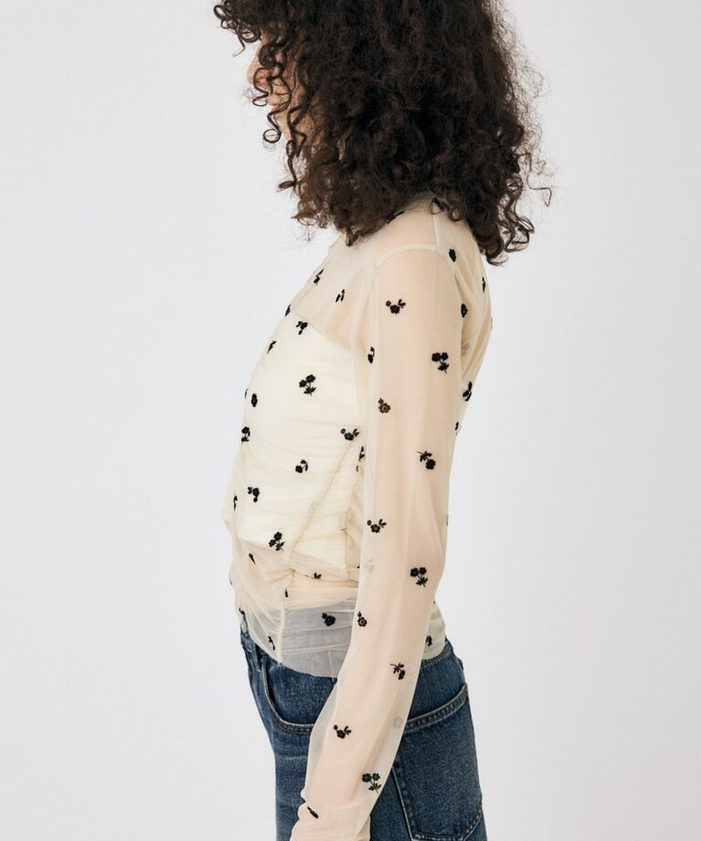 MOUSSY「FLORAL TULLE GATHER ロングスリーブTシャツ」|Tシャツ・カットソー|