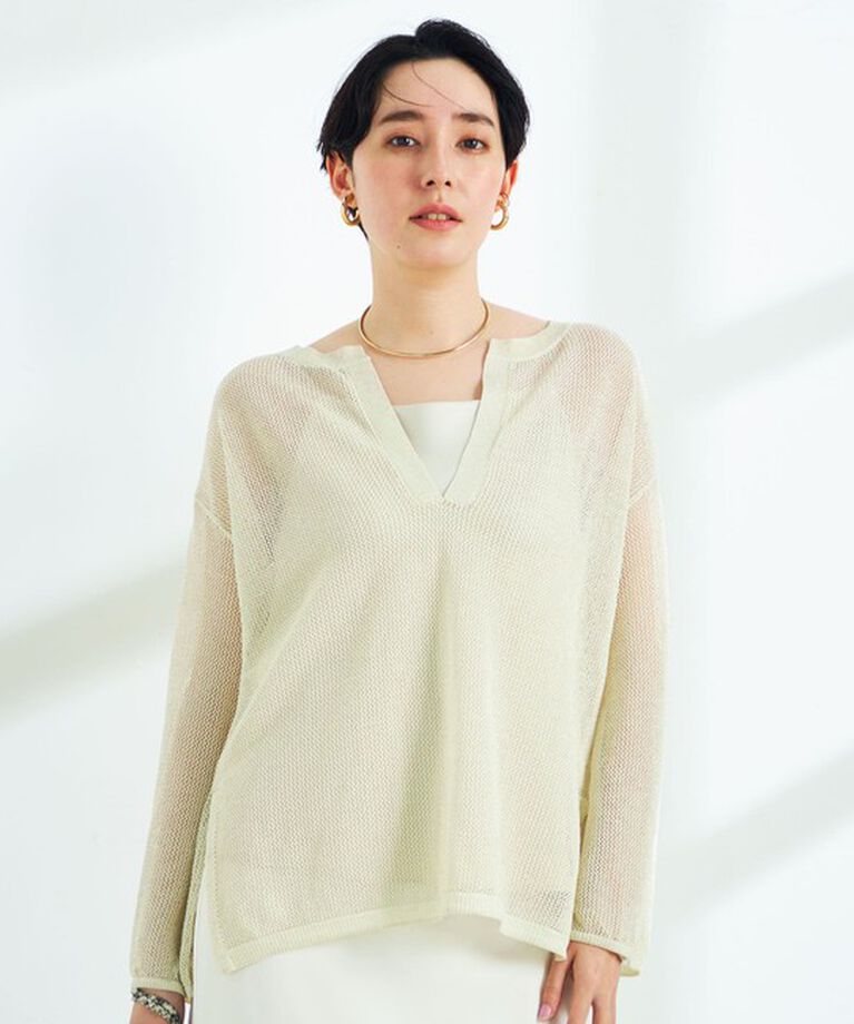 NOLLEY'S sophi「《手洗い可能》ラメメッシュ編みスキッパープルオーバーニット」|ニット・セーター|ゴールド