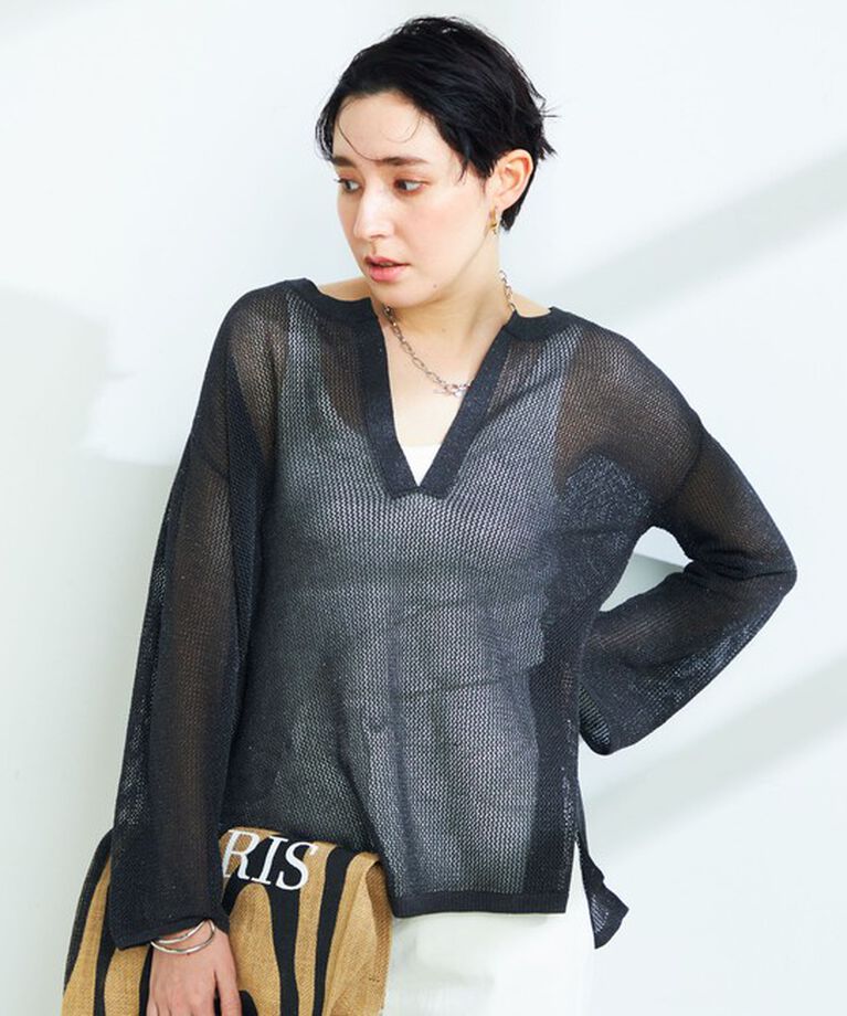 NOLLEY'S sophi「《手洗い可能》ラメメッシュ編みスキッパープルオーバーニット」|ニット・セーター|チャコールグレー