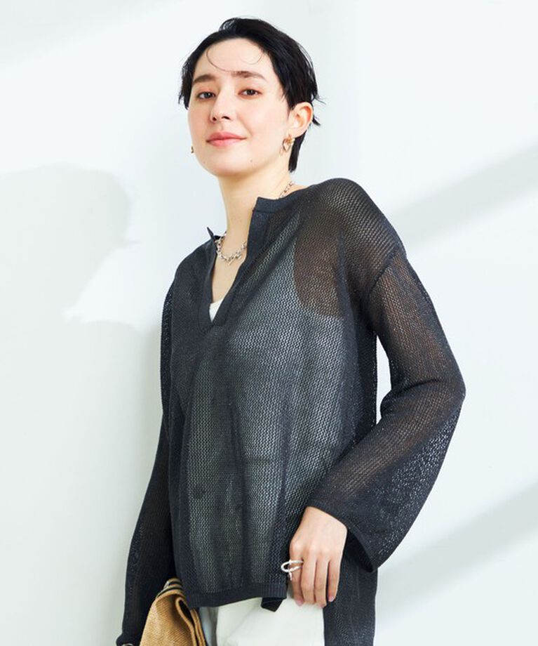 NOLLEY'S sophi「《手洗い可能》ラメメッシュ編みスキッパープルオーバーニット」|ニット・セーター|