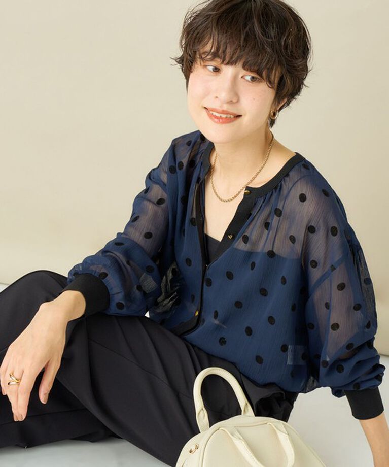 NOLLEY'S「《手洗い可能》シアーフロッキードット柄クルーネックカーディガン 24AW」|カーディガン|ネイビー