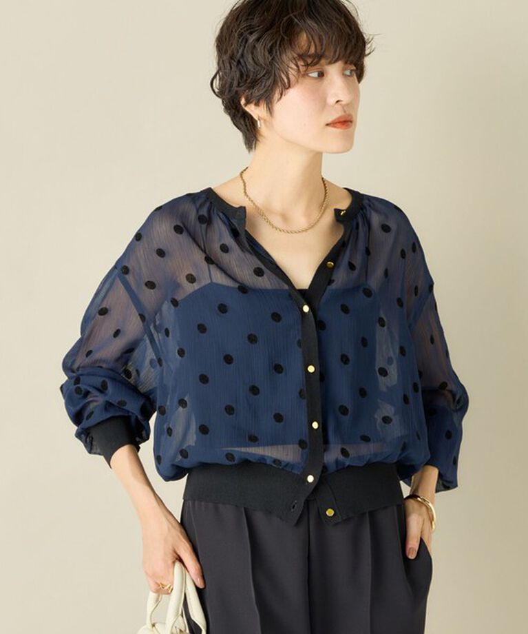 NOLLEY'S「《手洗い可能》シアーフロッキードット柄クルーネックカーディガン 24AW」|カーディガン|