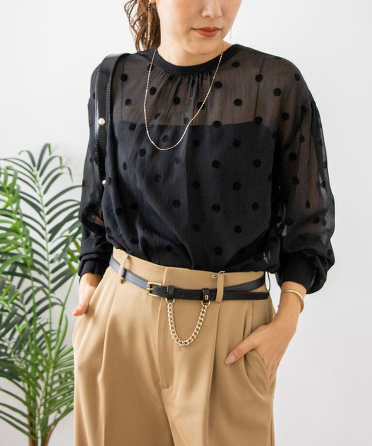 NOLLEY'S「《手洗い可能》シアーフロッキードット柄クルーネックカーディガン 24AW」|カーディガン|ブラック