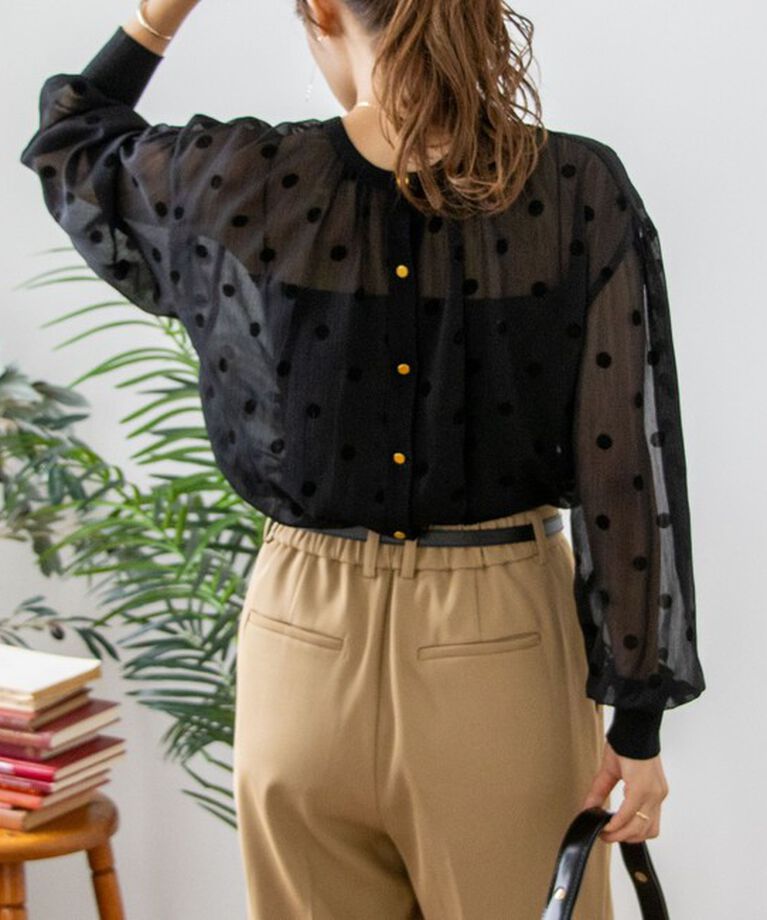 NOLLEY'S「《手洗い可能》シアーフロッキードット柄クルーネックカーディガン 24AW」|カーディガン|