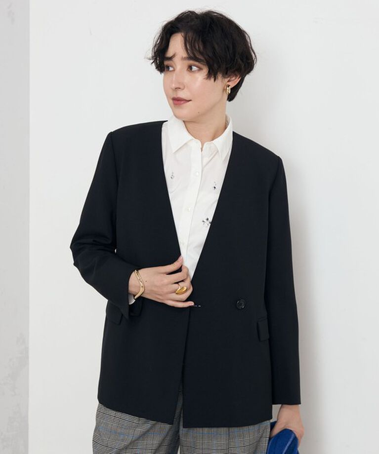 NOLLEY'S「《セットアップ対応》プレミアムストレッチ Vネックダブル釦ジャケット」|ノーカラージャケット|ブラック
