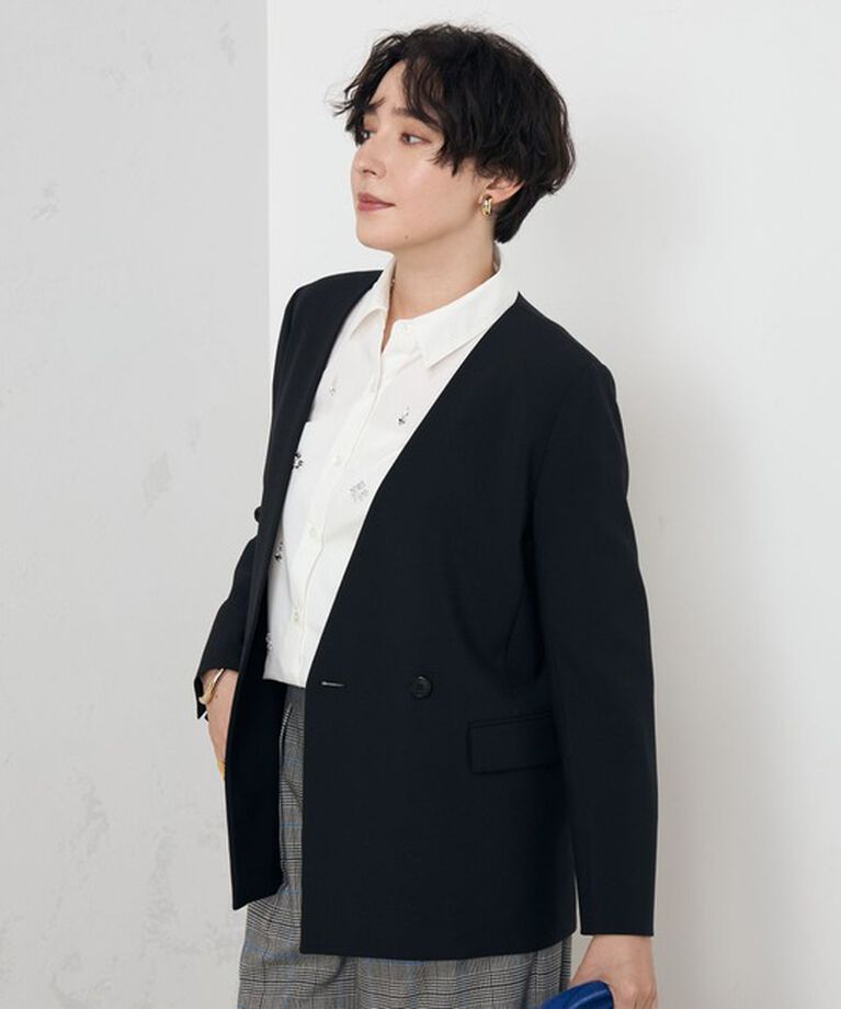NOLLEY'S「《セットアップ対応》プレミアムストレッチ Vネックダブル釦ジャケット」|ノーカラージャケット|