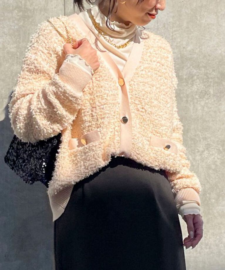 Rie Miller「《セットアップ対応》ファンシーツイード風スパンコール入りVネックカーディガン」|カーディガン|エクリュ