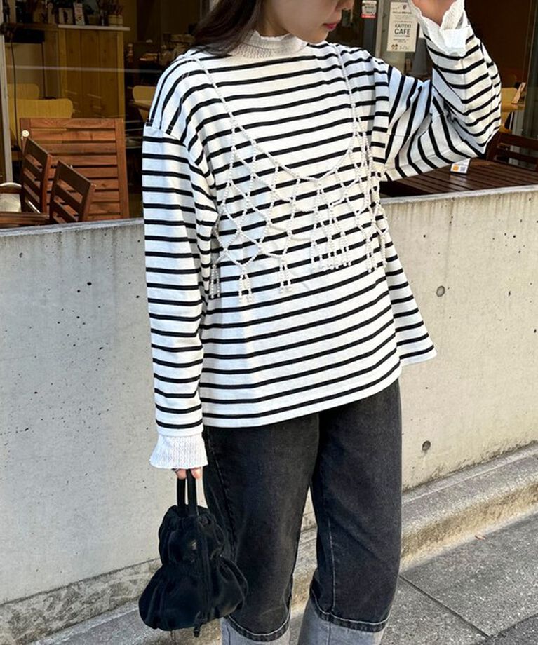 fredy emue「袖ドット釦ボーダープルオーバー」|Tシャツ・カットソー|