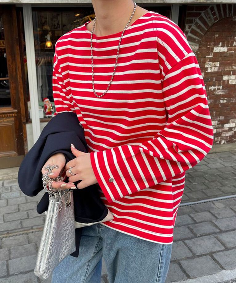fredy emue「袖ドット釦ボーダープルオーバー」|Tシャツ・カットソー|レッド系１
