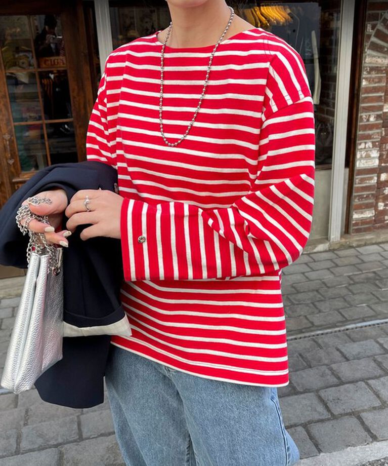 fredy emue「袖ドット釦ボーダープルオーバー」|Tシャツ・カットソー|