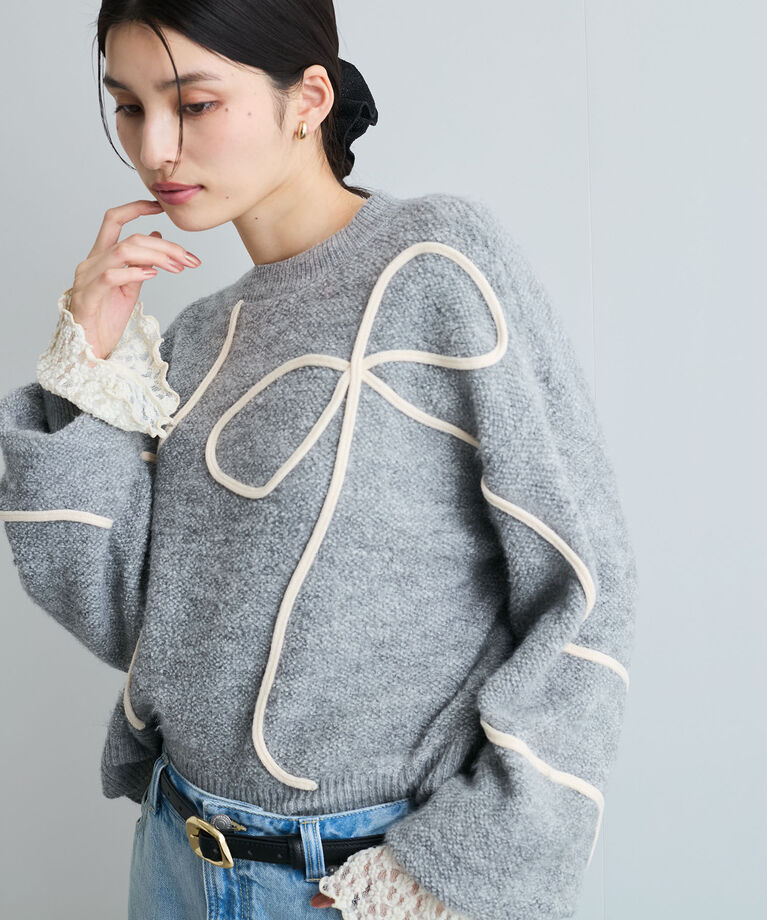 VIS「【洗える】ハート＆リボンコード刺繍ニットプルオーバー」|ニット・セーター|