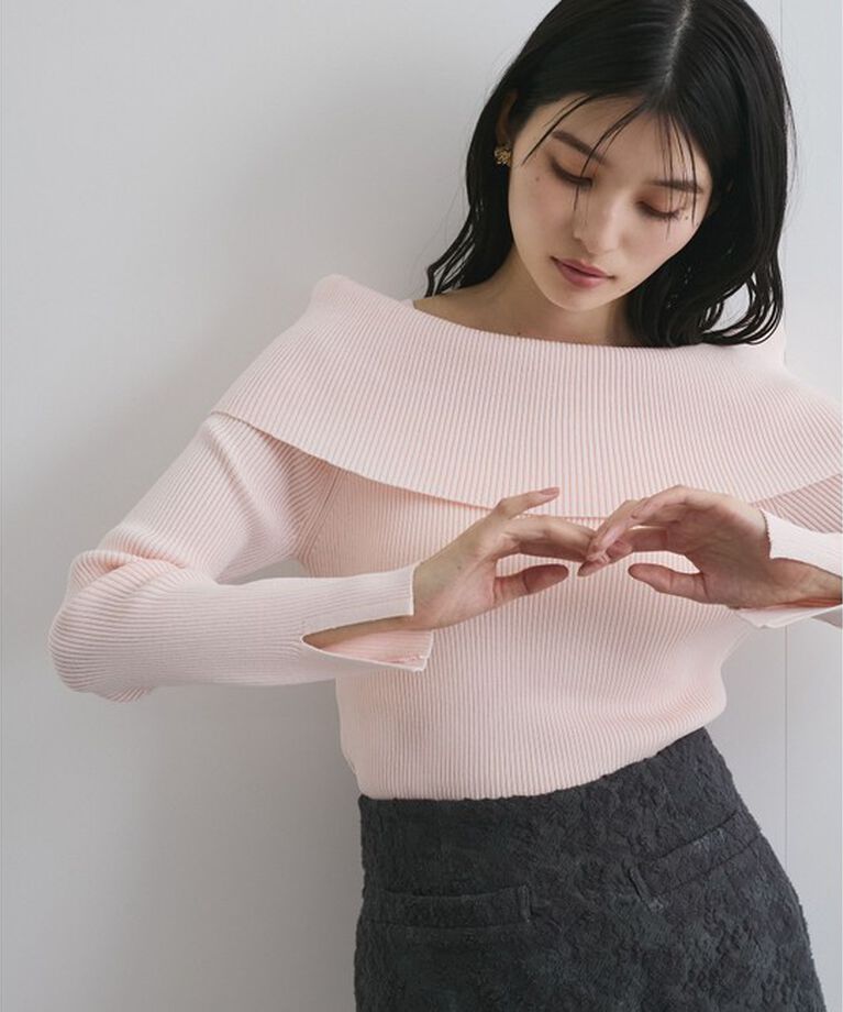 VIS「【アンチピリング】【UVケア】オフショルダー風リブニットプルオーバー」|ニット・セーター|