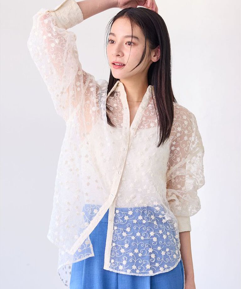 VIS「【洗える】アソートシアーシャツ(フラワー刺繍&無地）」|シャツ・ブラウス|