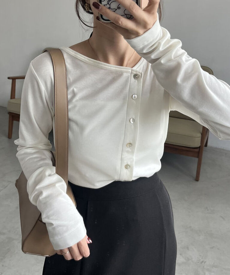  「アシメボタンカーデ風ロンT」|Tシャツ・カットソー|